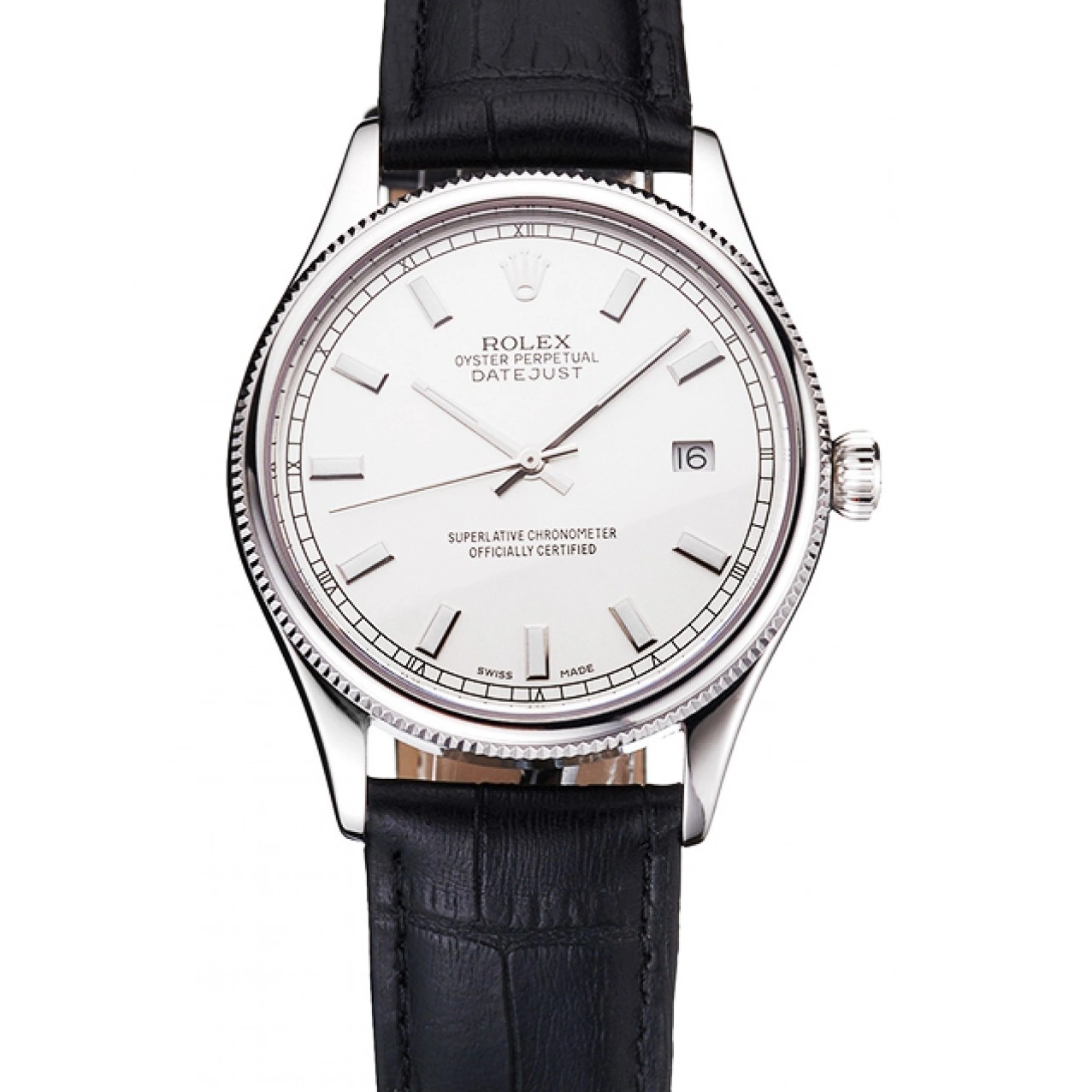 Aaa replica watch Dial Case Datejust Rolex Stainless Swiss Black Steel Strap Leather White 0723